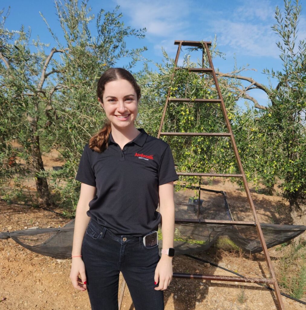 Emily Schreiber standing among the trees at an olive grove in Spain, a harvest ladder and picking nets behind her